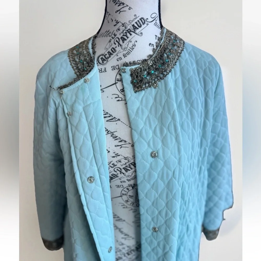 Vintage 70s Flobert Edwardian Baby Blue Bling Quilt Mod Long Robe House Coat - Picture 8 of 16